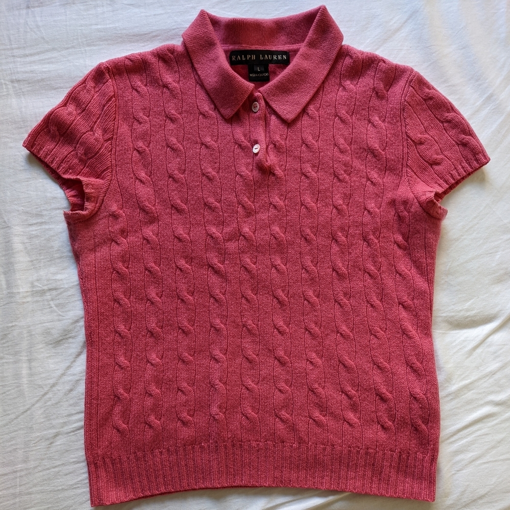Ralph Lauren Cashmere Short Sleeve Button Up Cable Knit Sweater Vest Jumper L